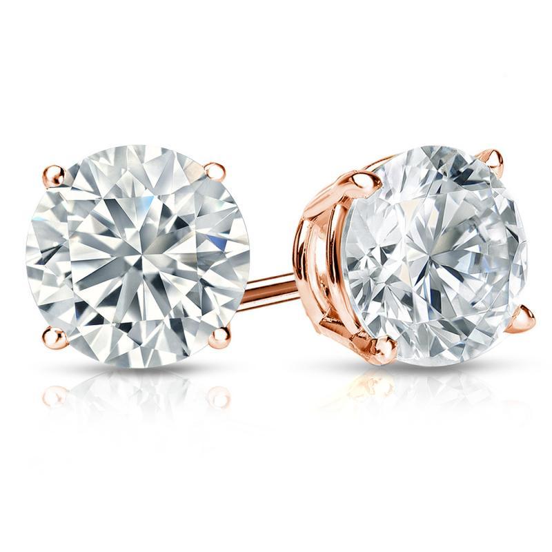Brilliant Basket Back 3 Ct Round Earrings Studs Solid 14k Rose Picture 1 Of 3