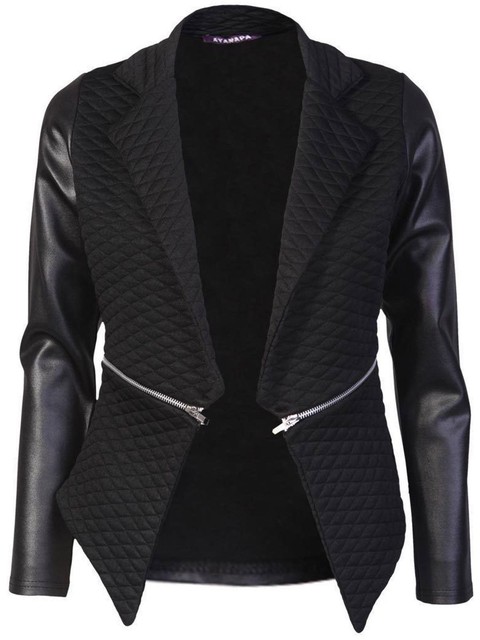 Women Blazer Las Quilted Leather Look Long Sleeve Zip Waterfall Picture 2 Of