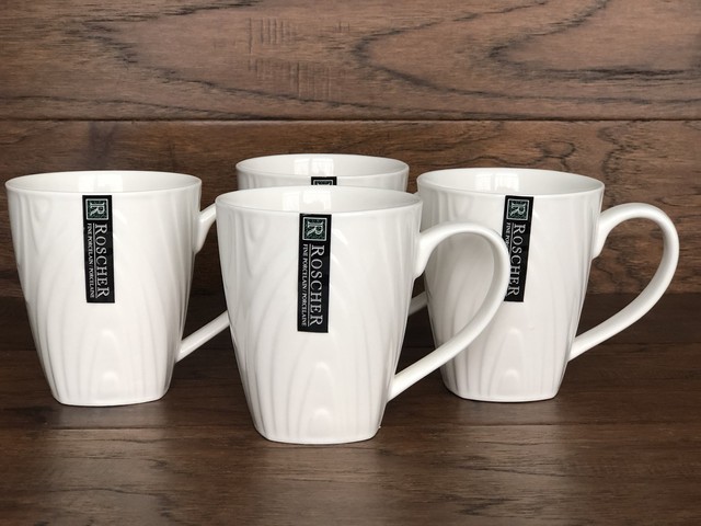 Roscher Fine Porcelain Wood Grain RARE Design White Cups Mugs Set 4 ... Roscher Fine Porcelain Wood Grain RARE Design White Cups Mugs Set 4 ...