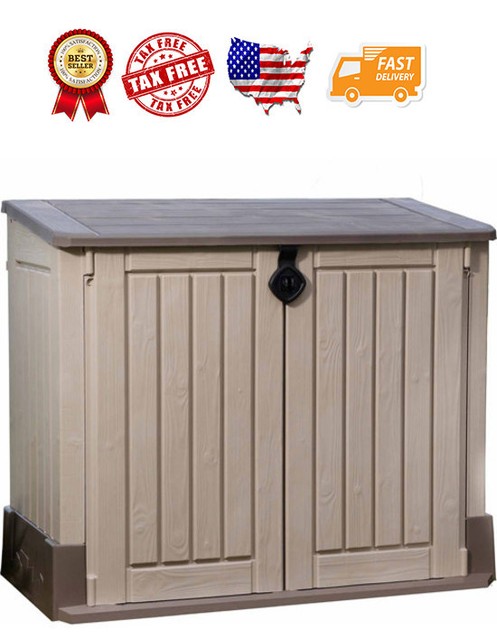Patio Storage Shed Resin Outdoor Garden Furniture Pool Yard Taupe Plastic Shed Attractive Outdoor Storage Container 30 Cu Ft All Weather