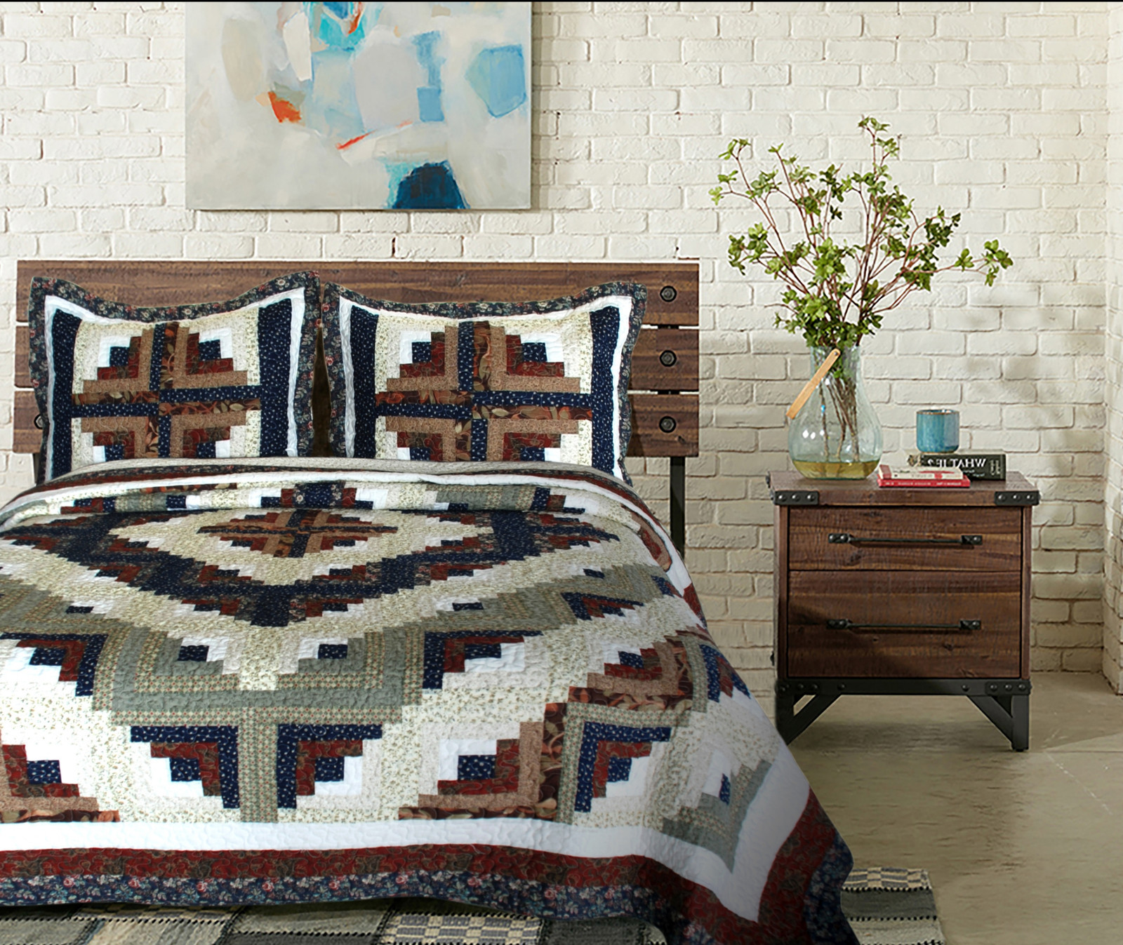 Colorado Cabin 3pc Full Queen Quilt Set Lodge Brown Blue Red Country Picture 1 Of