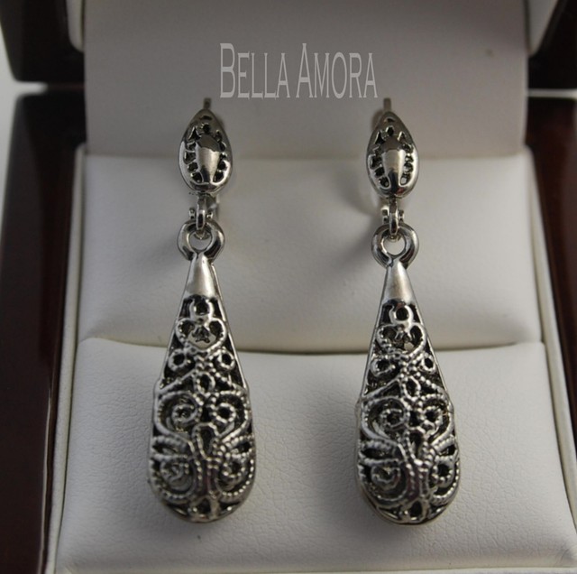 Pretty 18ct White Gold Plated Filigree Dangle Water Drop Earrings Uk Pretty 18ct White Gold Plated Filigree Dangle Water Drop Earrings Uk 116
