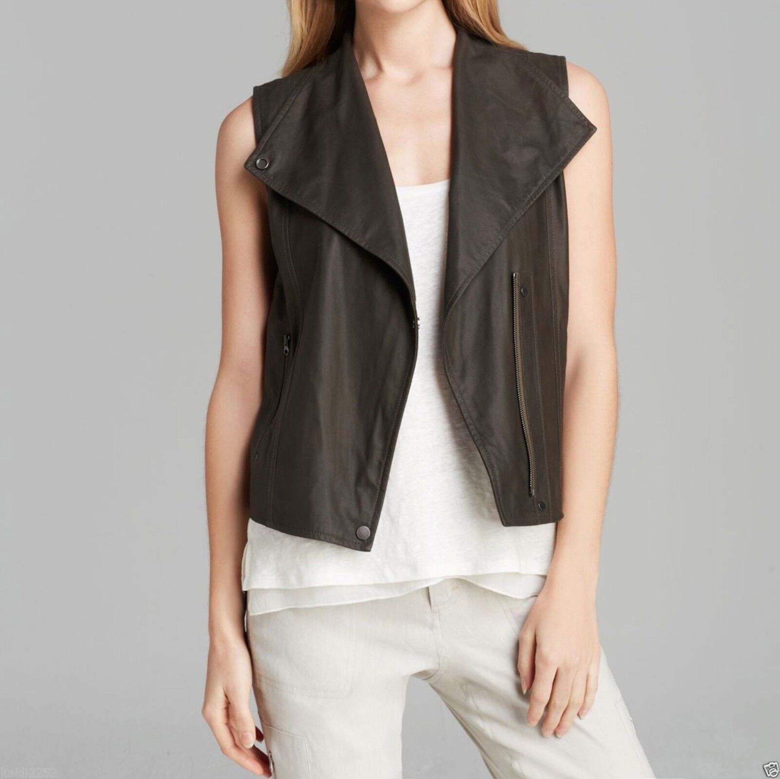 Vince Paper Leather Vest Jacket Military Size S Picture 1 Of 4