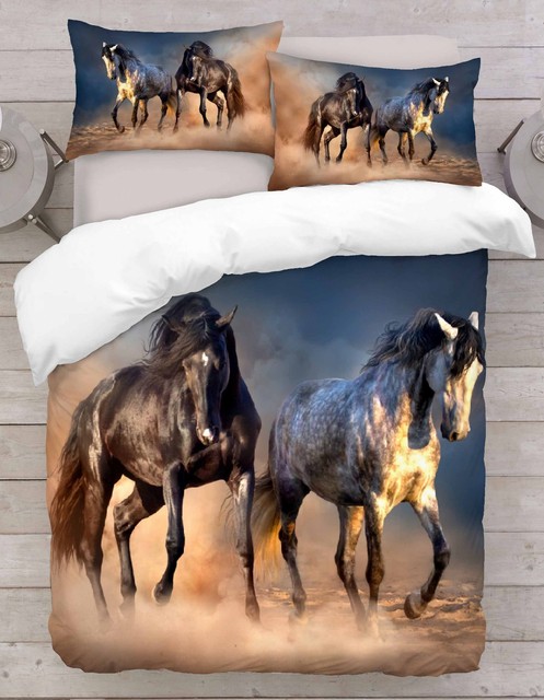3d Horses Theme Photo Print Duvet Quilt Cover With Pillowcases Black Picture 2 Of
