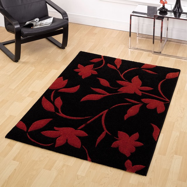 Black Red Small Large Leaf Carved Rug Thick Modern Monte Carlo Picture 2 Of