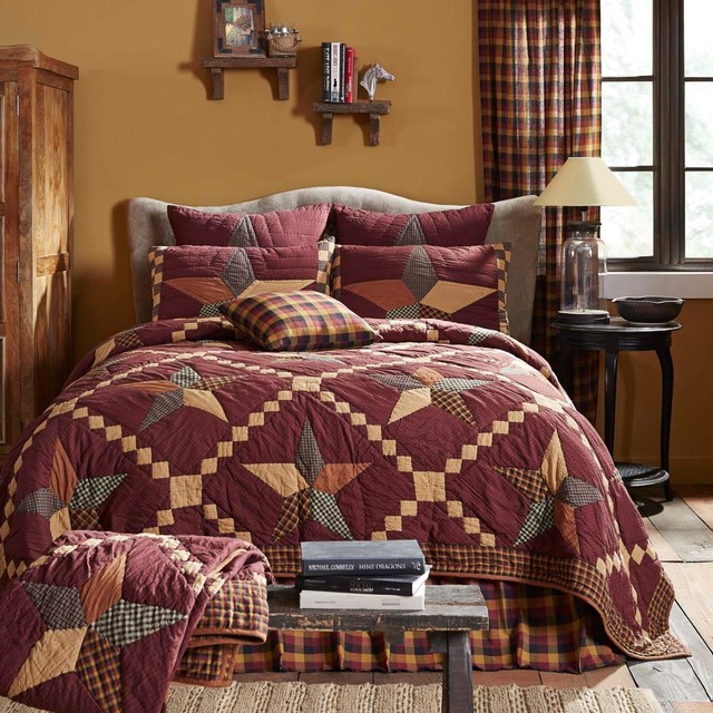 3pc Folkways Star Rustic Primitive Red Patchwork Quilt Shams Bed Set Vhc Brands Folkways Star Quilt Burdy Mustard 5 Point