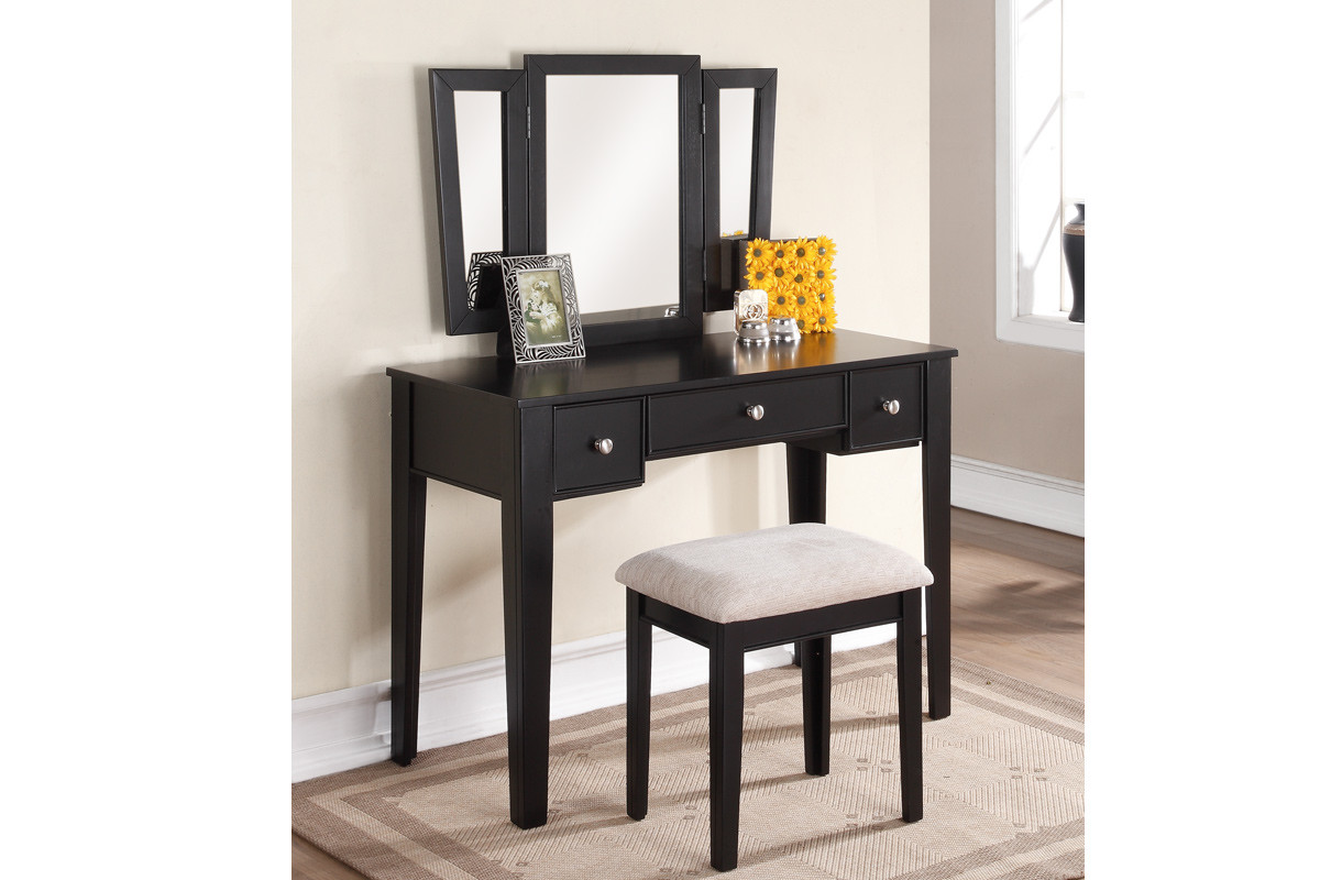 Poundex Furniture F4109 Black Vanity Set With 3 Panel Mirror And Picture 1 Of
