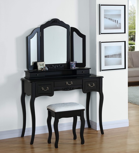 Dressing Table Set Stool Large 3 Panel Mirror Bedroom Black Picture 6 Of 8