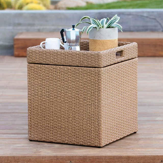Outdoor Natural Light Brown Resin Wicker Patio Storage Cube Side Outdoor Natural Light Brown Resin Wicker Patio Storage Cube Side Table W Tray