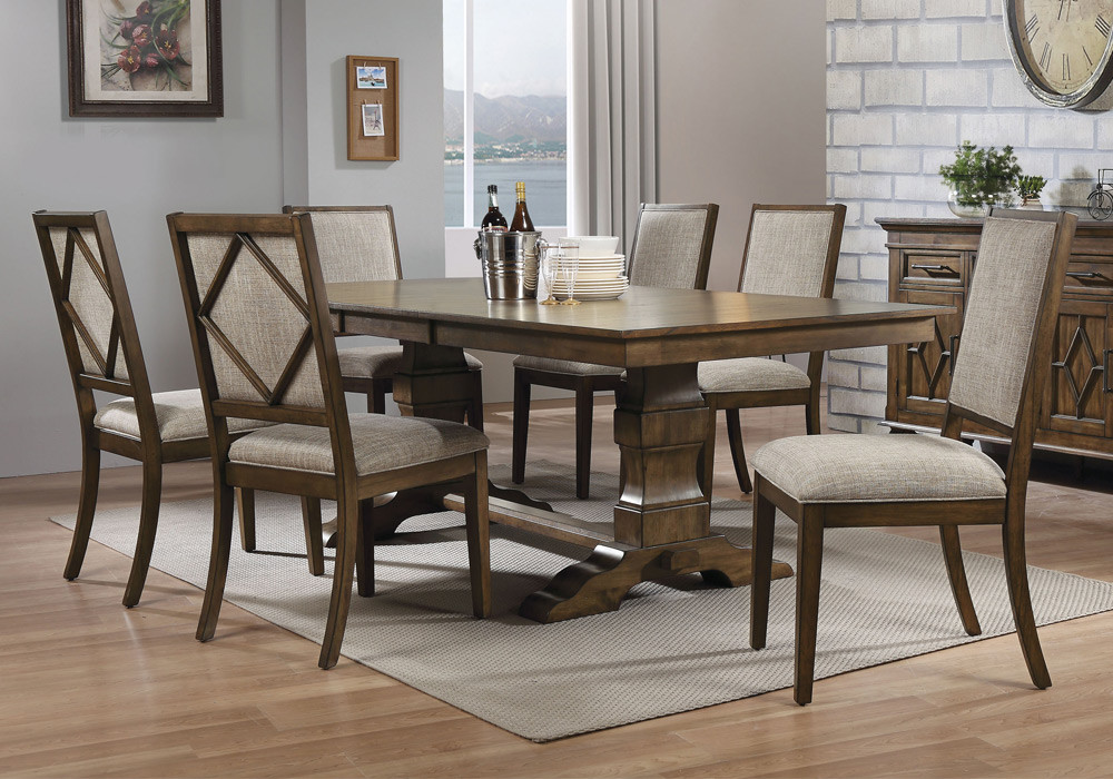 Aurodoti 7 Pcs Formal Dining Set Double Pedestal Table Oak Fabric Picture 1 Of 2
