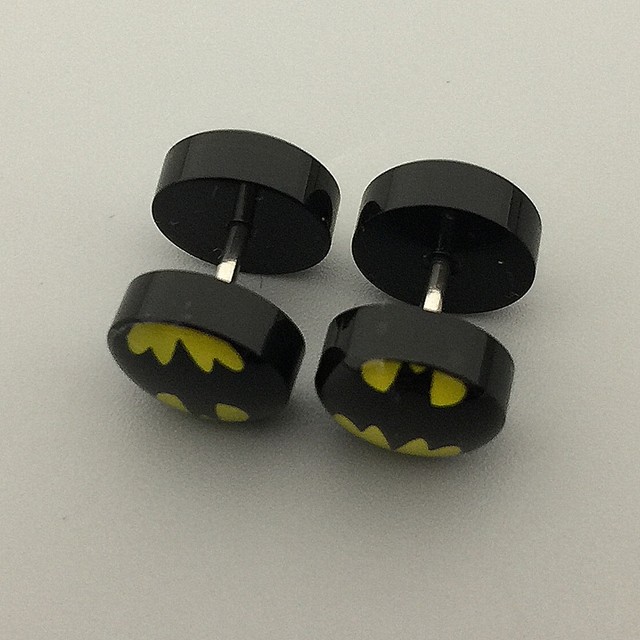 Black Yellow Batman Superhero Barbell Stainless Steel Stud Earrings Black Yellow Batman Superhero Barbell Stainless Steel Stud Earrings Back