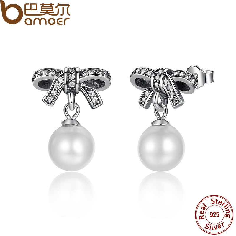 Bamoer Solid Retro S925 Sterling Silver Bow Earrings Pearl With Picture 1 Of 6