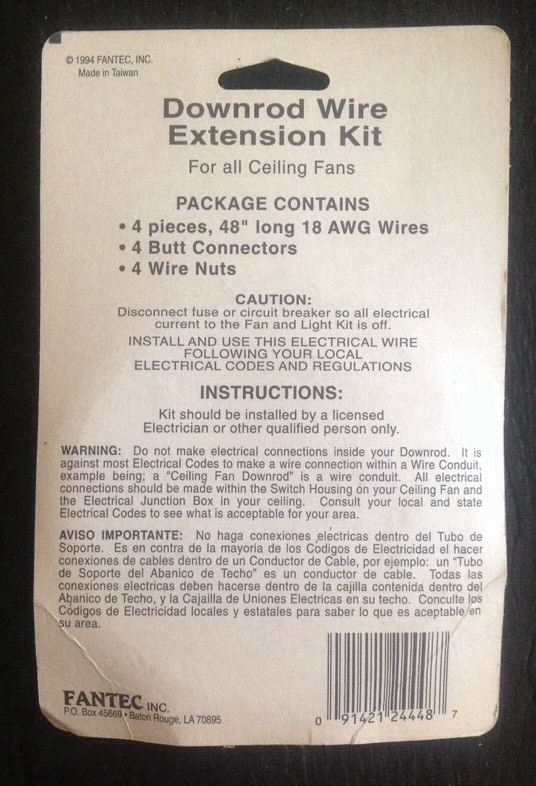 Ceiling Fan Downrod Wire Extension Kit Fantec 24448 Brand New T
