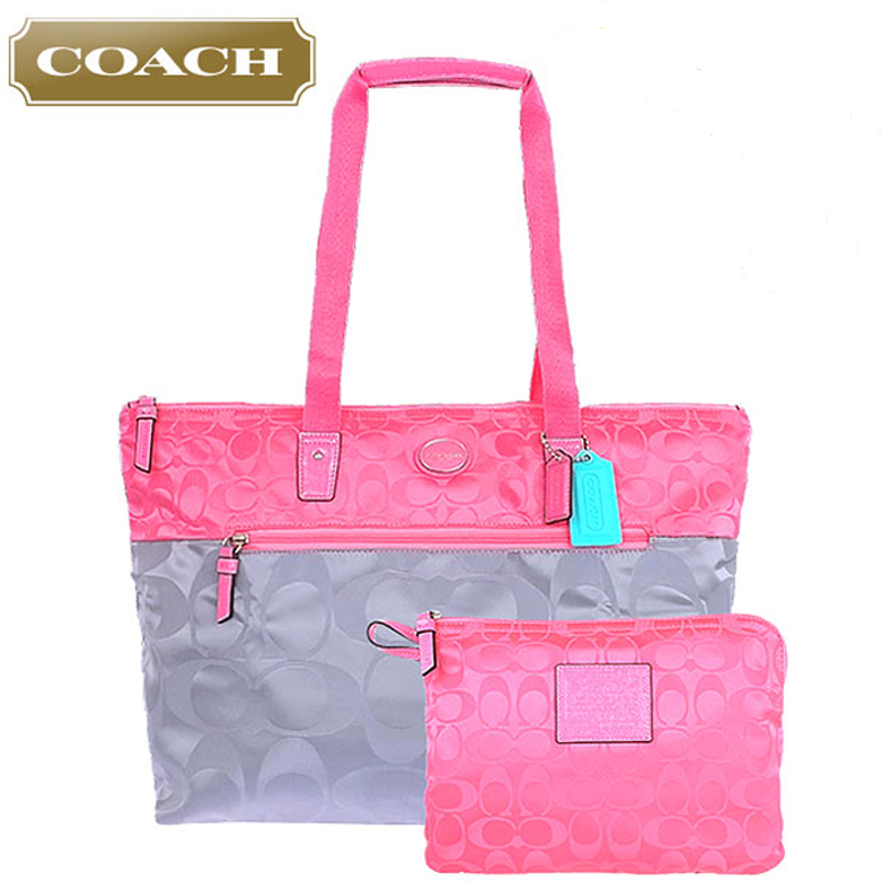 Coach Nylon Packable Weekend Shoulder Pink Gray Travel Tote Duffel Picture 1 Of 3