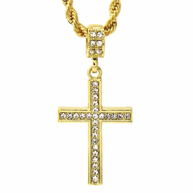 Men's 14k Gold Plated CZ Lined Cross Pendant With 24