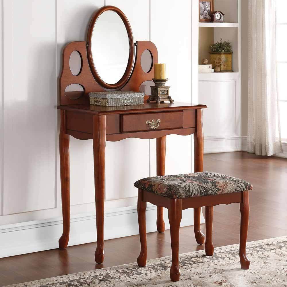 Acme 90210 Aldine Oak 3pcs Pack Vanity Set With Mirror Stool Picture 1 Of