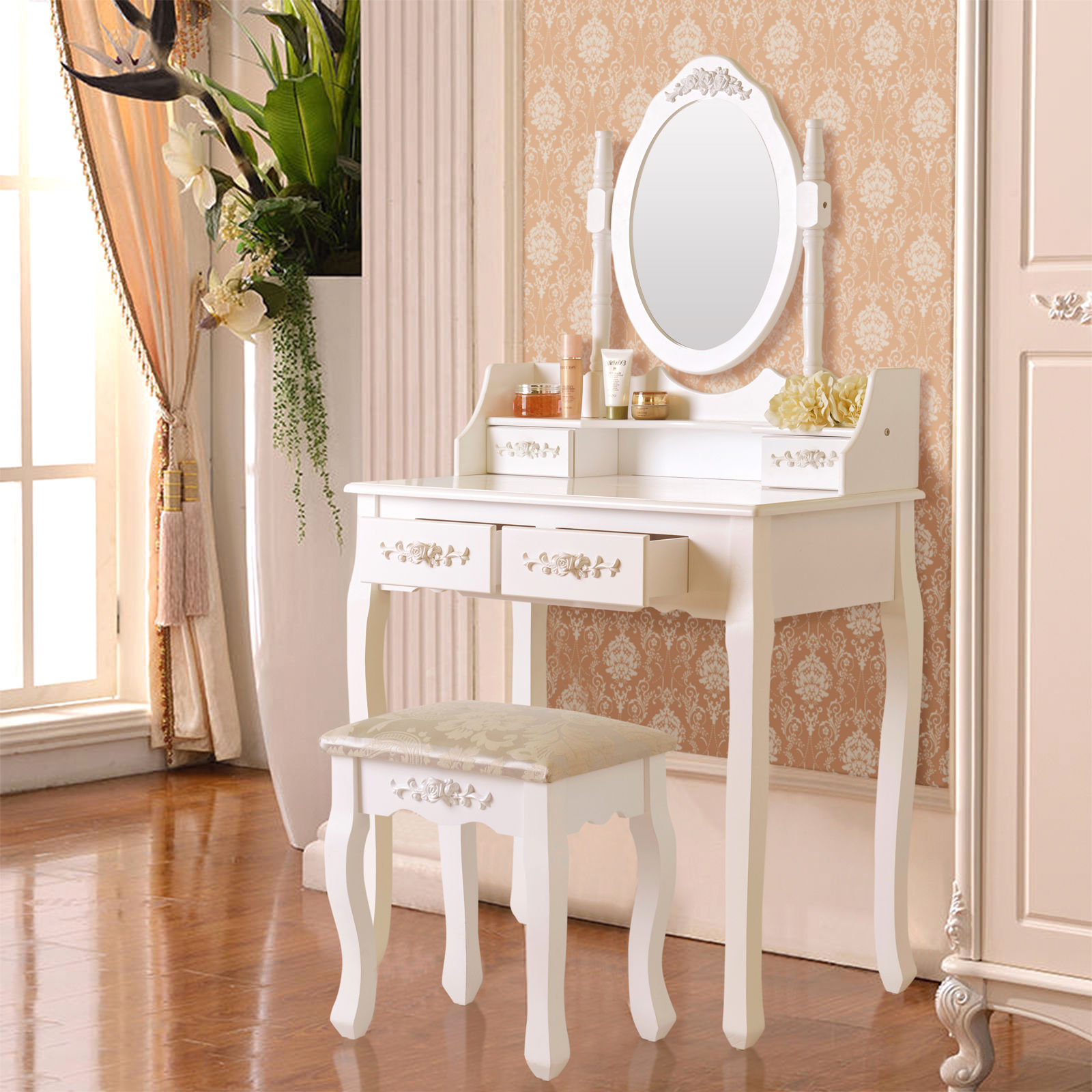 White Vanity Makeup Dressing Desk Set W Stool 4 Drawer Mirror Picture 1 Of 11