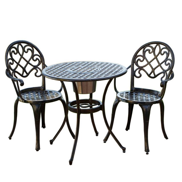3pc Cast Aluminum Patio Bistro Outdoor Furniture Set Garden Porch Cast Aluminum Brown Bistro Set With Ice Bucket