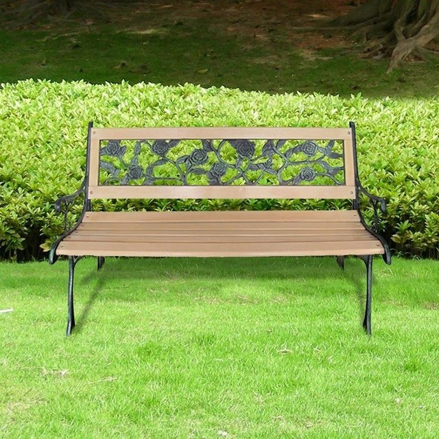 Garden Bench Outdoor Patio Furniture W Rose Patterned Backrest Rose Garden Bench Park Sitting Furniture Backyard Seat Wood Iron Outdoor Decor