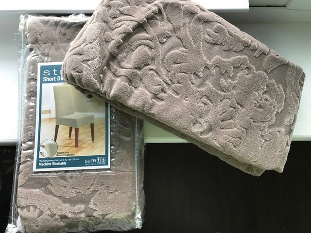 Sure Fit Stretch Jacquard Damask Short Dining Room Chair Slipcover Jacquard Damask Mushroom Taupe Sure Fit Stretch Dining Chair Cover Set Of 2