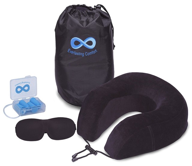 Home Design U-neck Travel Support Pillow Part - 43: Everlasting Comfort 100% Pure Memory Foam Neck Pillow Airplane Travel Kit With