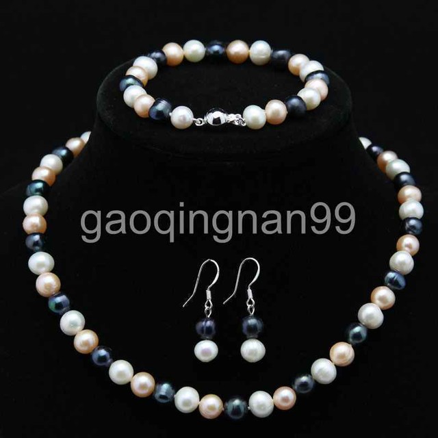 8 9mm Pink White Black Freshwater Cultured Pearl Necklace Bracelet 8 9mm Pink White Black Freshwater Cultured Pearl Necklace Bracelet Earrings Set