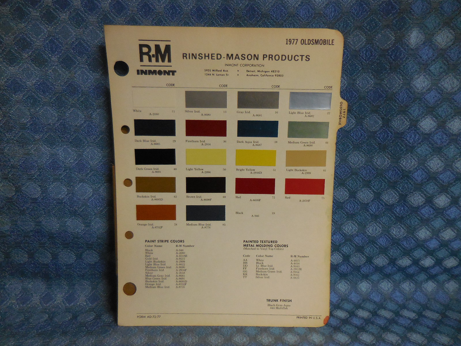 1977 Oldsmobile Original R M Paint Color Chip Chart Picture 1 Of 2