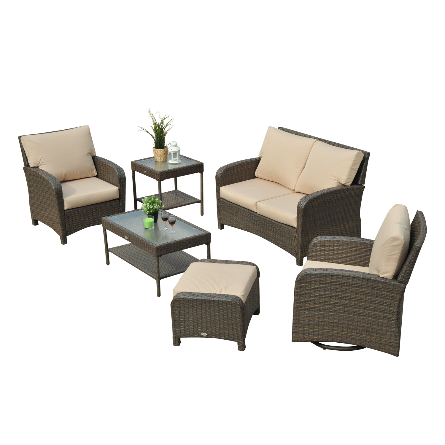 6pc Patio Furniture Set Outdoor Rattan Wicker Sofa 360 Swivel Chair Picture 1 Of 8