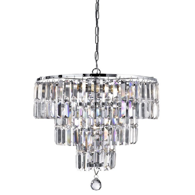 Searchlight Modern 5 Light Chandelier Chrome With Clear Crystal Searchlight Modern 5 Light Chandelier Chrome With Clear Crystal Coffin Drops