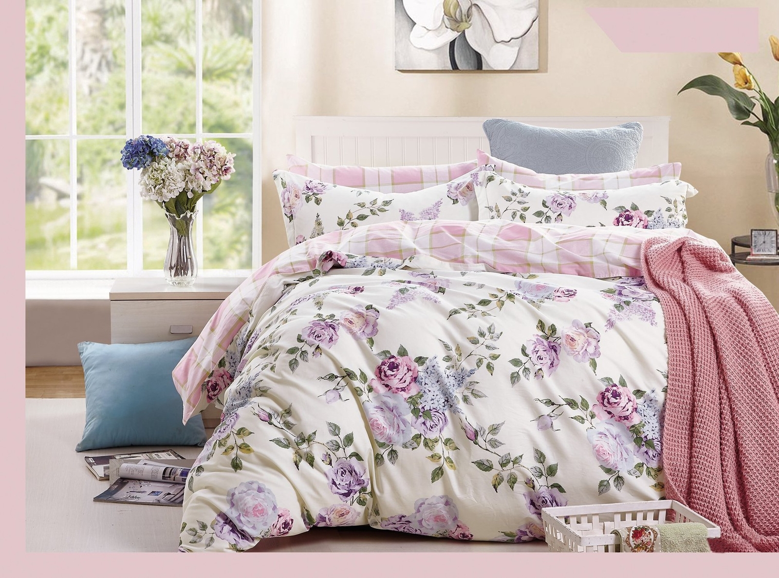 Pink Purple Roses 3pc 100 Cotton Bedding Set Duvet Cover And Two Picture 1 Of
