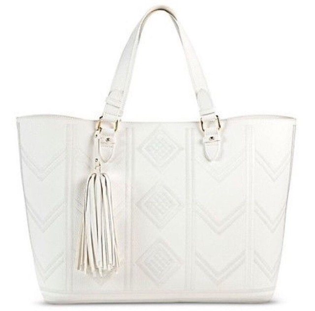 Merona White Faux Leather Tote Bag Handbag Purse Ebay Merona Women S Embroidered Tote Faux Leather Handbag White