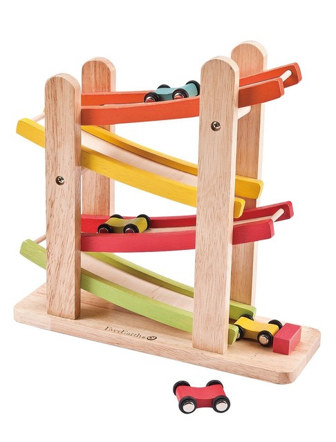 Everearth Jr Size Ramp Race 4 Cars Brightly Colored Sy Durable Race Track For Toddlers And 4 Wood Cars