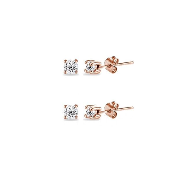 Rose Gold Flash Sterling Silver Cubic Zirconia Set Of 2 Round 2mm Rose Gold Flash Sterling Silver Cubic Zirconia Set Of 2 Round 2mm Stud Earrings
