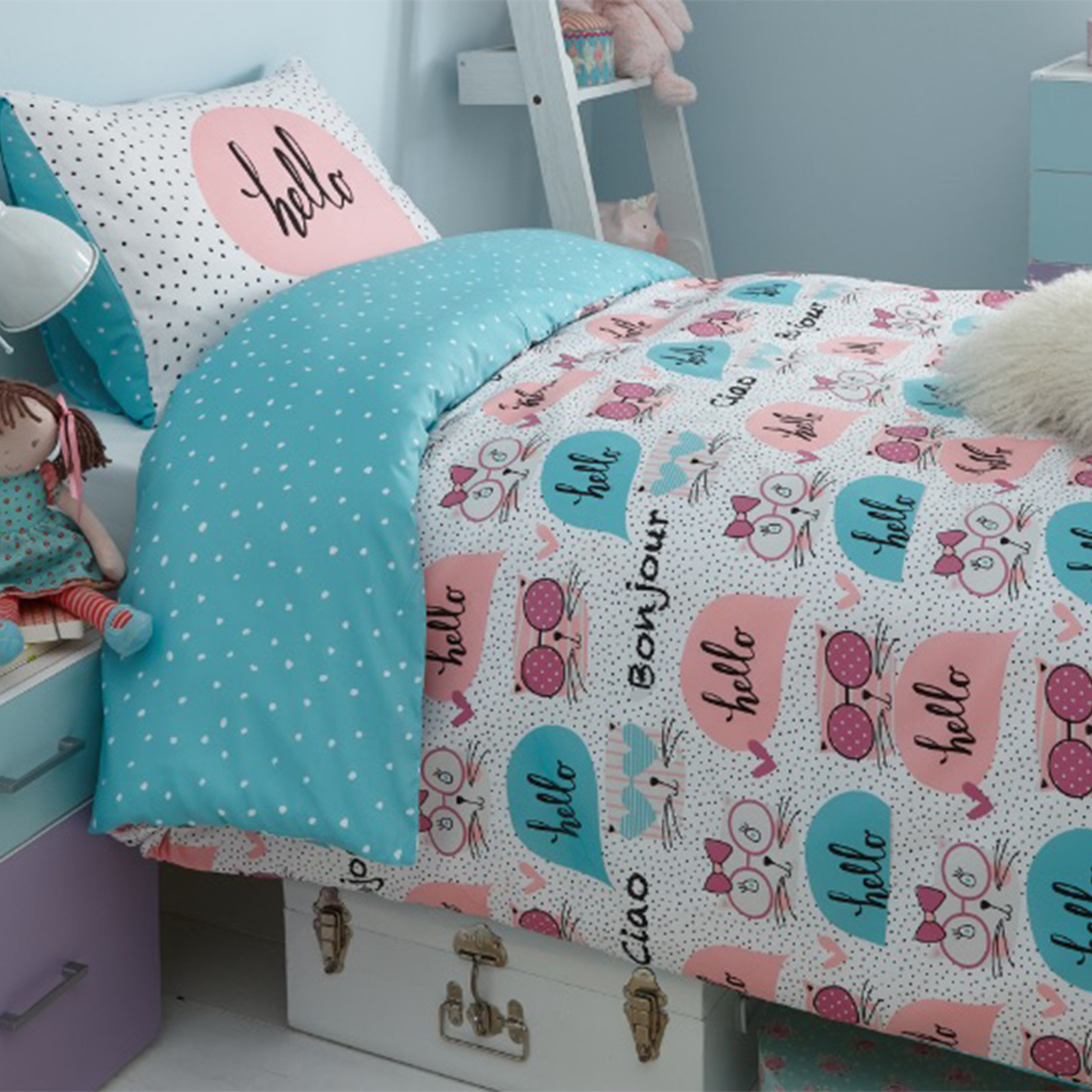 Kitty Polka Dot Single Duvet Cover Set Childrens Bedding Cats Spots Kitty Polka Dot Single Duvet Cover Set Childrens Bedding Cats Spots About This Almost Gone Picture 1 Of