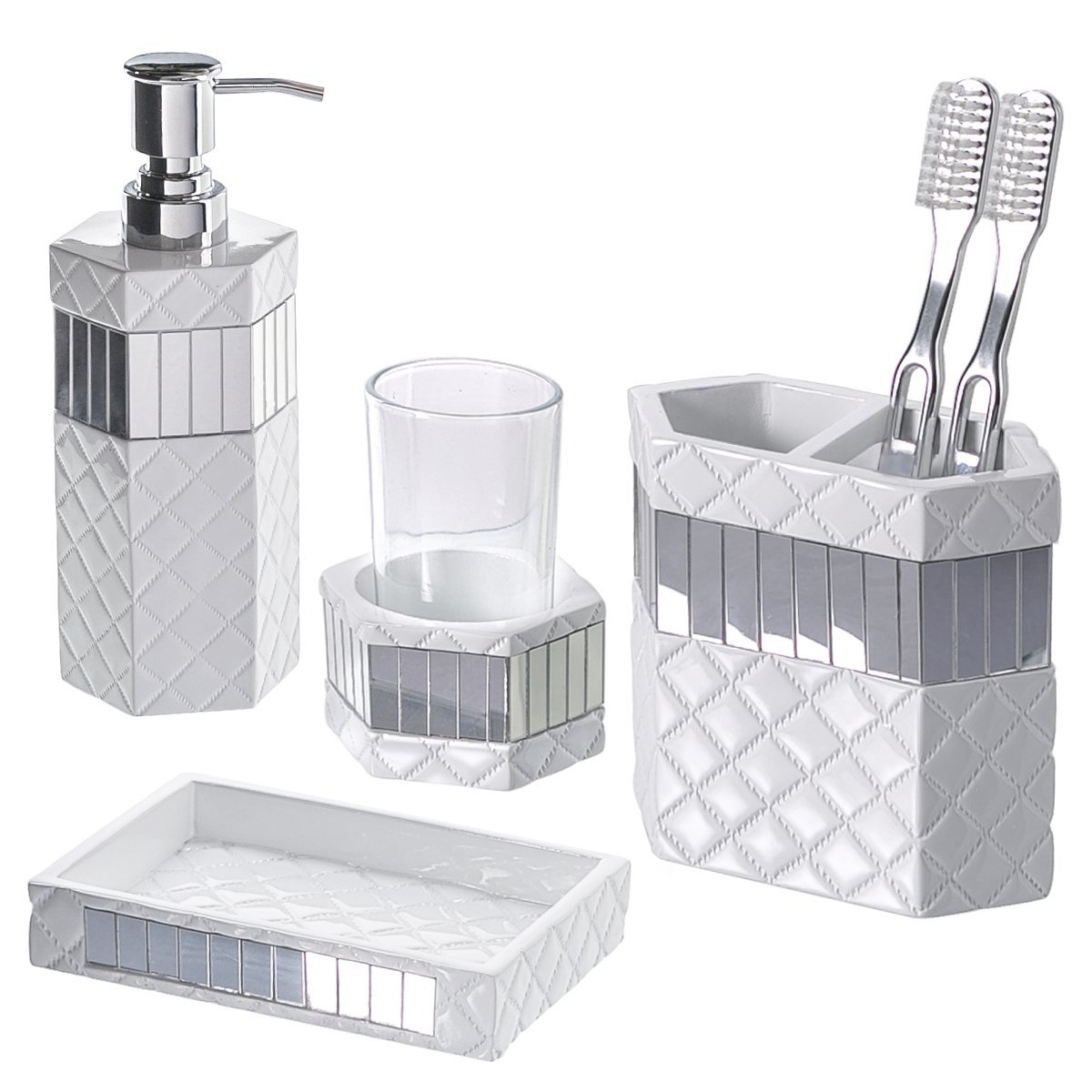 Creative Scents Quilted Mirror Bathroom Accessories Set 4 Piece Picture 1 Of 8