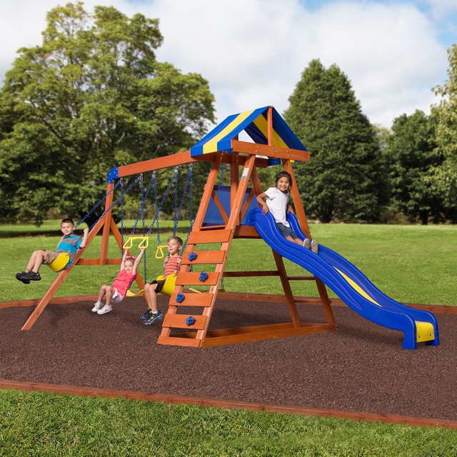 Wooden Swing Set Cedar Wood Outdoor Backyard Playset Play Kids Slide Outdoor Backyard Playground Kids Fun Play Cedar Wooden Swing Set Slide Playhouse