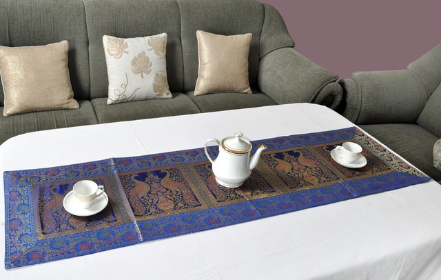 Blue Color Pea Work Silk Wedding Table Runner 60 X 16 Inches Ebay Indian Silk Table Runner Tapestry Blue Brocade Coffee Animal Party Cloth