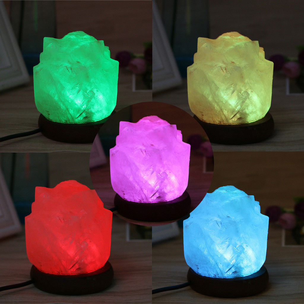 Flower Hand Carved Usb Wooden Base Himalayan Crystal Rock Salt Lamp Picture 1 Of 8