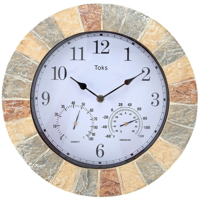 Lilyshome 14 Inch Faux Stone Indoor Or Outdoor Wall Clock With Lilyshome 14 Inch Faux Stone Indoor Or Outdoor Wall Clock With Thermometer And