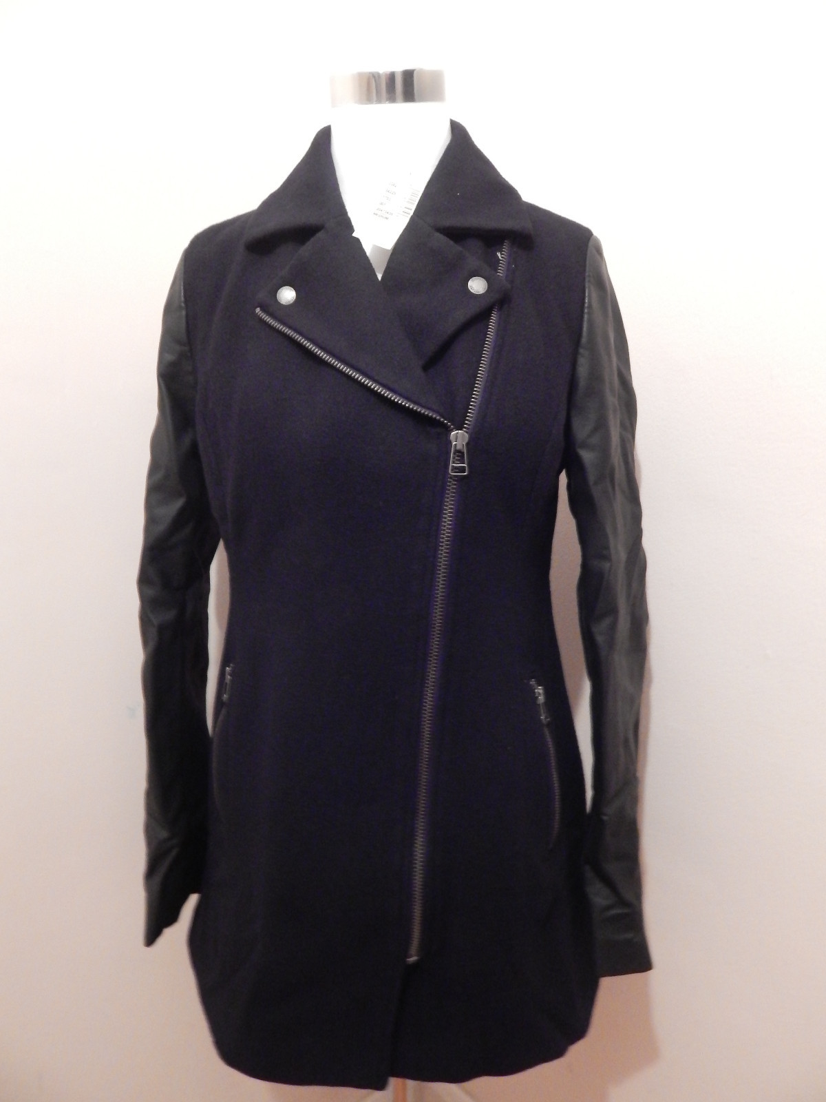 American Eagle Womens Black Wool Pea Coat Moto Jacket M Vegan Picture 1 Of 12