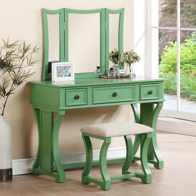 Poundex Bobkona Edna Vanity Set With Stool Apple Green Picture 2 Of