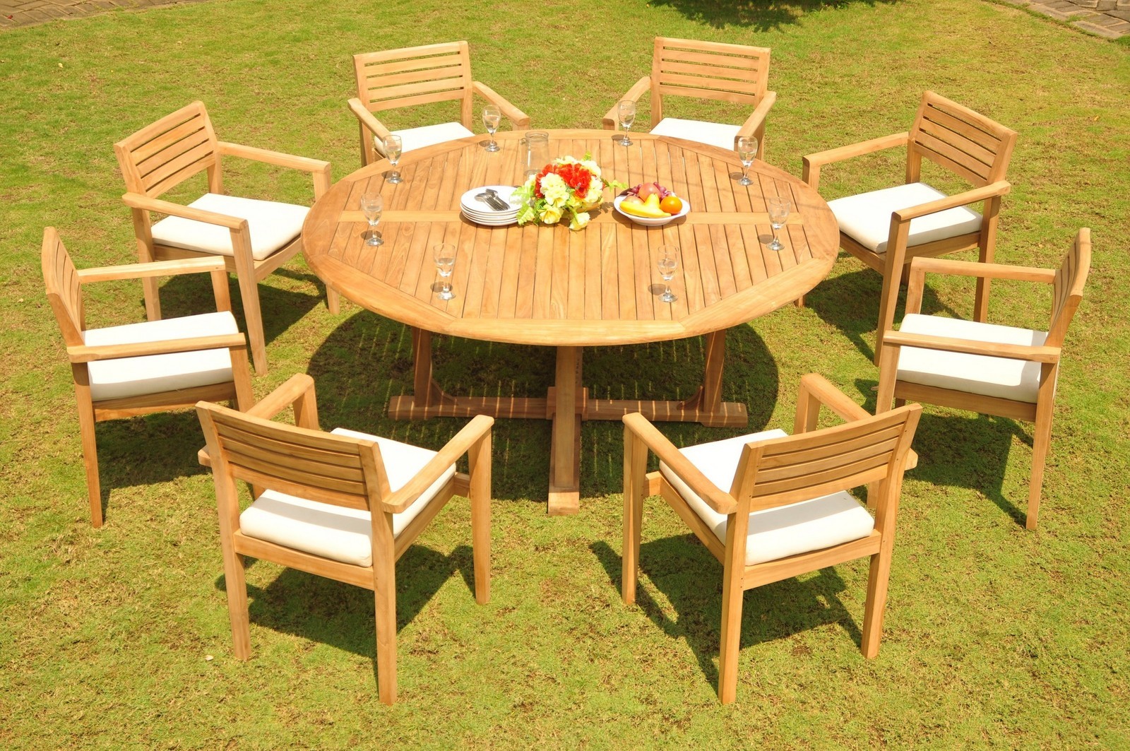 Dsmt Grade A Teak 9 Pc Dining 72 Round Table 8 Stacking Arm Chair Picture 1 Of 7