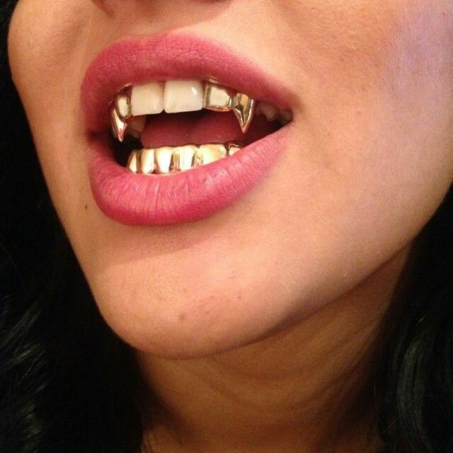 Custom 14k Gold Gp Bottom Lower Teeth Grillz And Upper Top Double Fangs