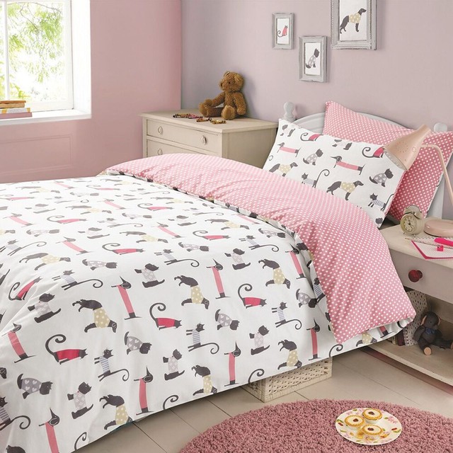 Cat And Dog Double Duvet Cover Set Childrens S Bedding 2 In 1 Cat And Dog Double Duvet Cover Set Reversible Kids Childrens Bedding Dotted Pink