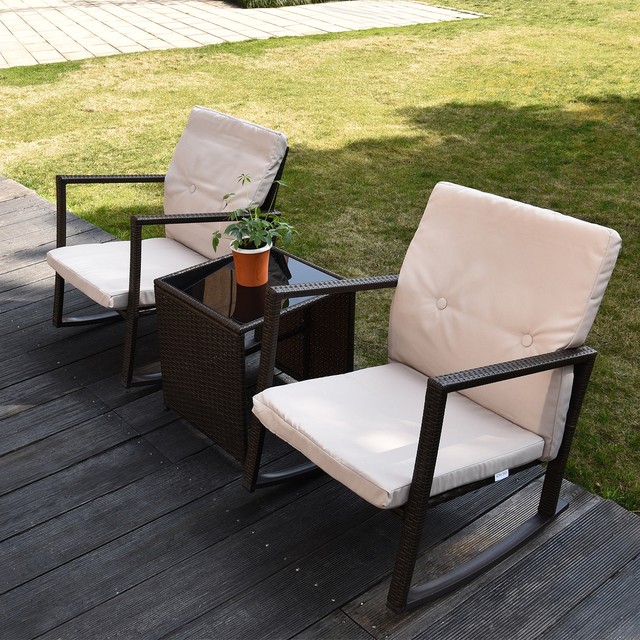 3pcs Rattan Wicker Patio Furniture Set Cushioned Rocking Chair 3pcs Rattan Wicker Patio Furniture Set Cushioned Rocking Chair Coffee Table Yard