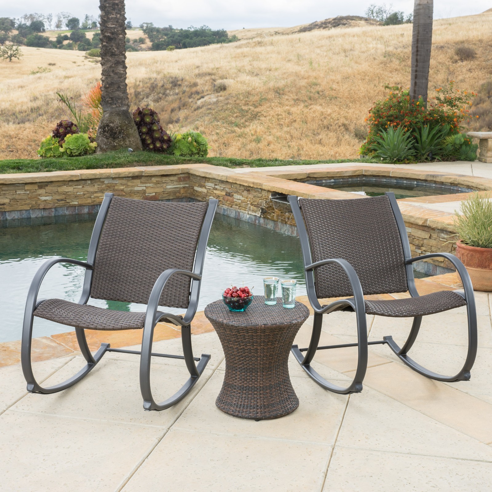 Outdoor Patio Furniture 3pc Brown Wicker Rocking Chair Hourglass Picture 1 Of 5