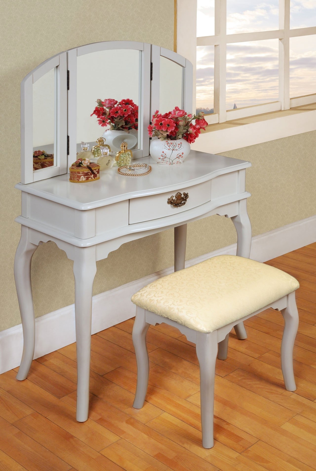 Williams Home Furnishing 1 Drawer Tri Mirror Wood Vanity Stool Set Picture 1 Of