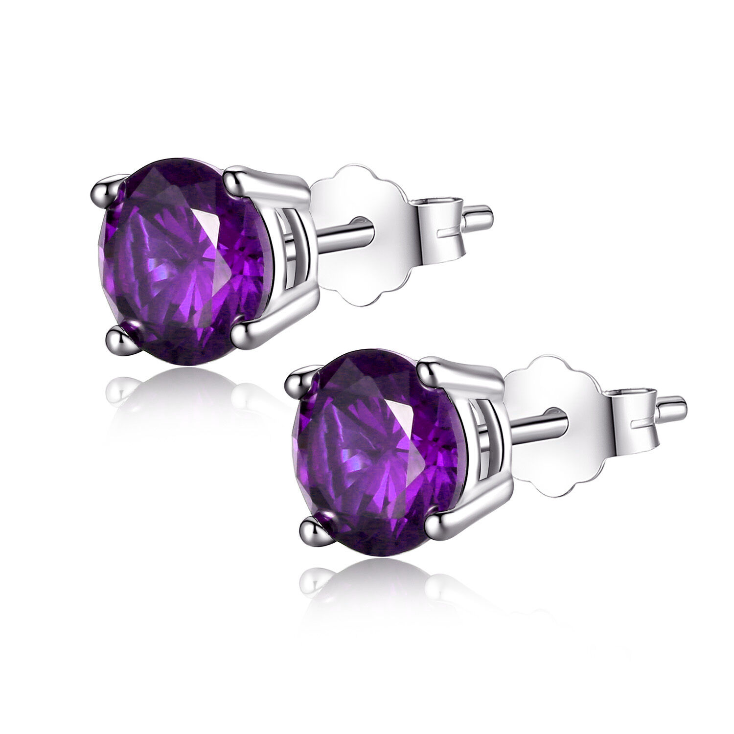Sterling Silver 6mm Round Shaped Lab Amethyst Gemstone Stud Earrings Picture 1 Of 3