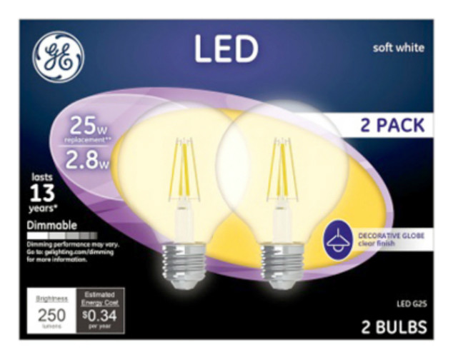 Ge Lighting 23049 Clear G25 Dimmable Led Light Bulb Soft White 2 8w Ge Lighting 23049 Clear G25 Dimmable Led Light Bulb Soft White 2 8w Pack