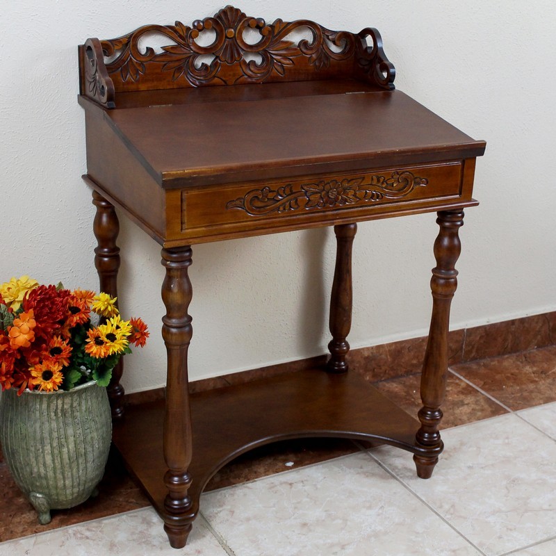 International Caravan Small Carved Writing Desk In Mahogany Picture 1 Of